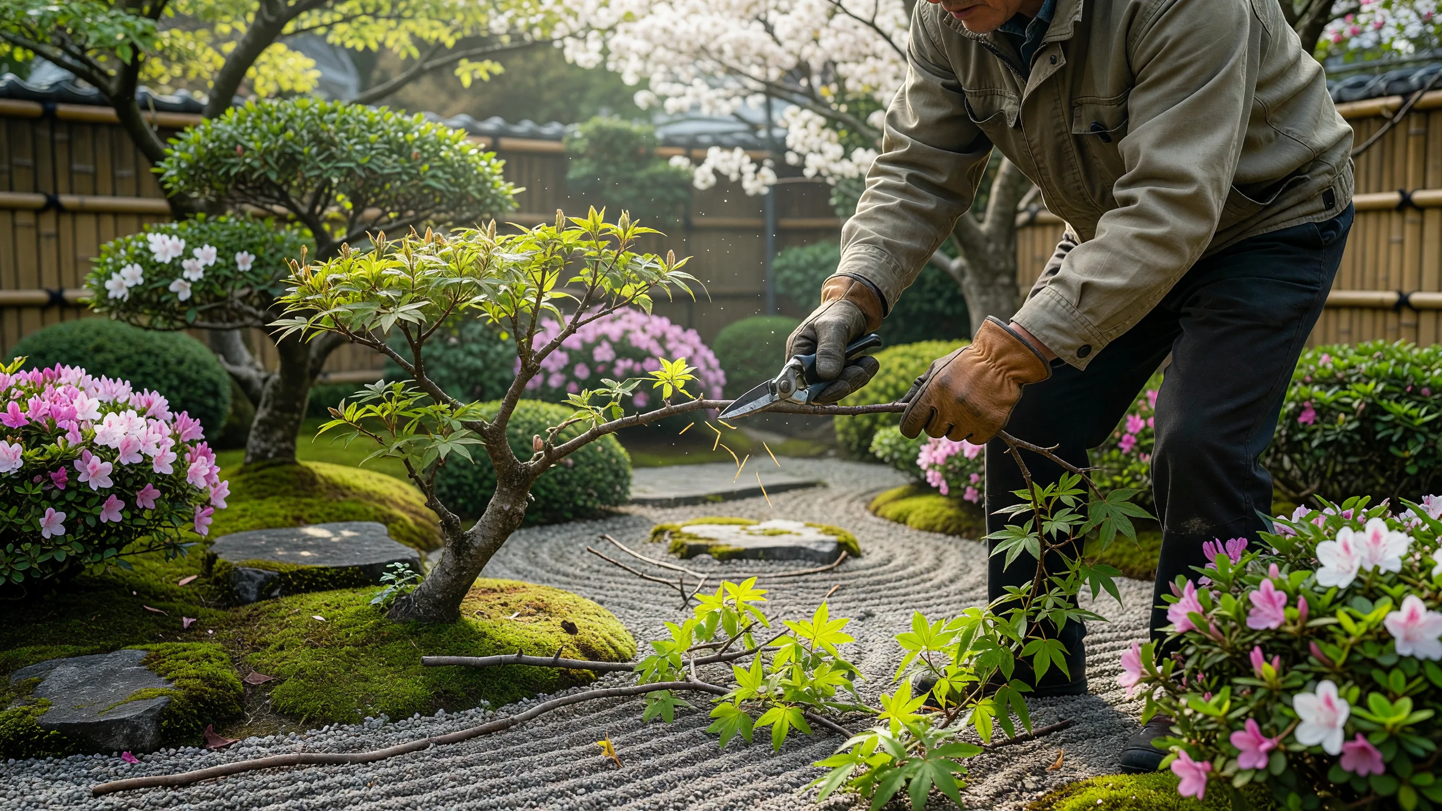 春の庭の手入れの様子